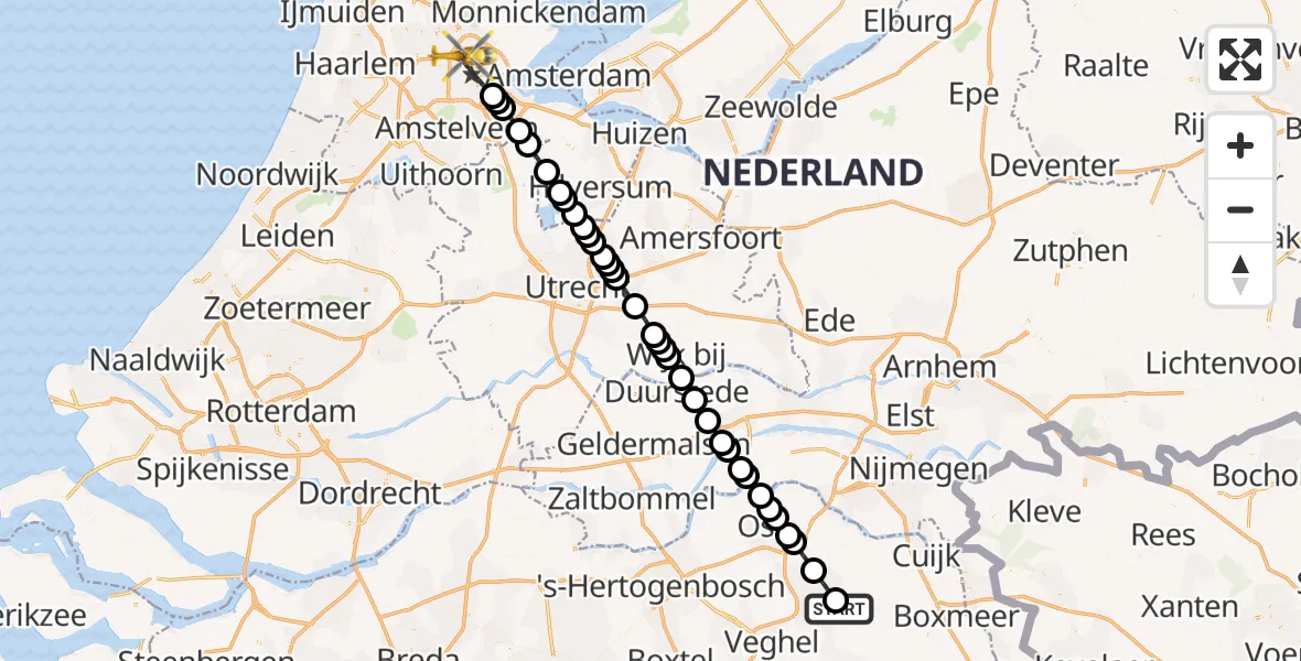 Vluchtroute Traumahelikopter van Vliegbasis Volkel naar Amsterdam