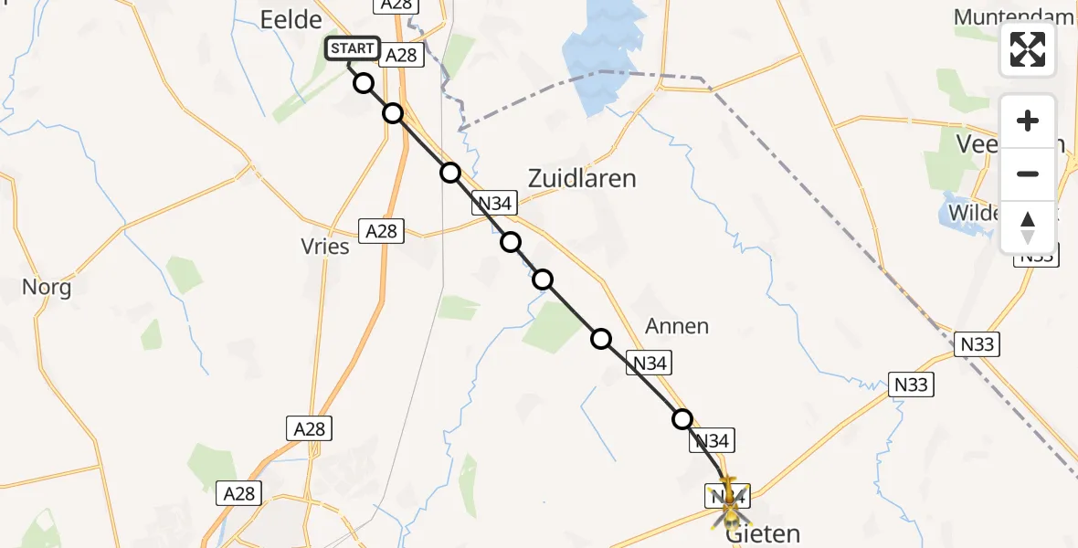 Vluchtroute Traumahelikopter van Groningen Airport Eelde naar Gieten