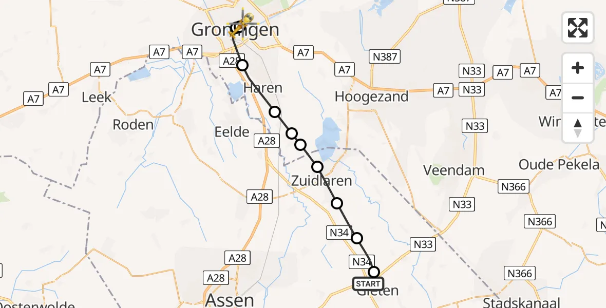 Vluchtroute Traumahelikopter van Gieten naar Universitair Medisch Centrum Groningen