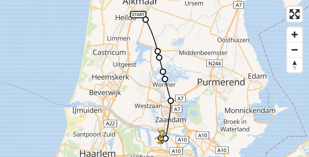 Vluchtroute Traumahelikopter van Alkmaar naar Amsterdam Heliport