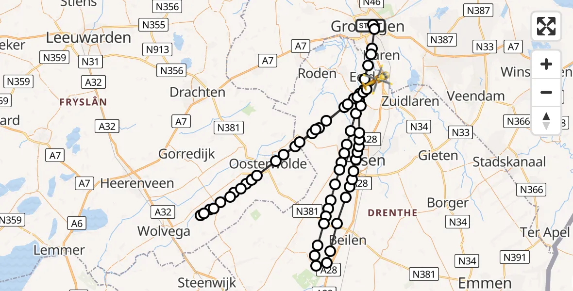 Vluchtroute Traumahelikopter van Universitair Medisch Centrum Groningen naar Groningen Airport Eelde