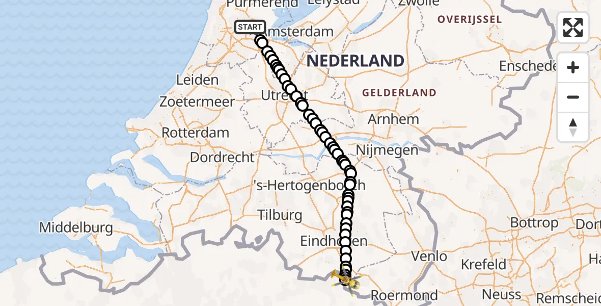 Vluchtroute Traumahelikopter van Amsterdam naar Budel