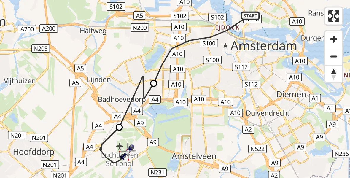 Vluchtroute Politiehelikopter van Amsterdam naar Amsterdam Vliegveld Schiphol