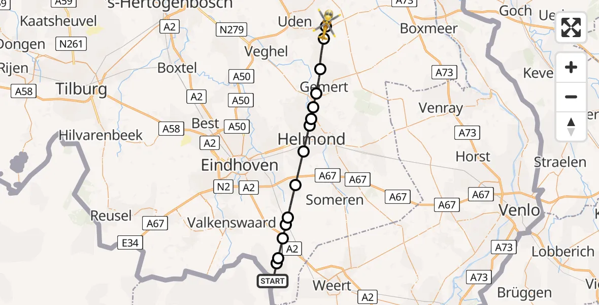 Vluchtroute Traumahelikopter van Budel naar Vliegbasis Volkel