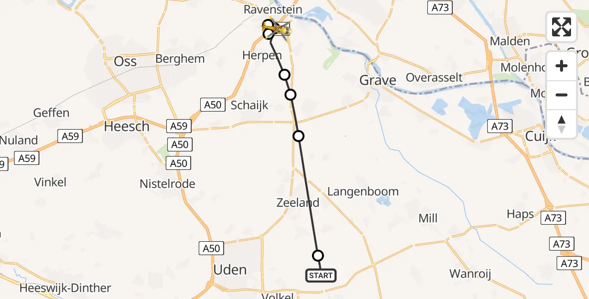 Vluchtroute Traumahelikopter van Vliegbasis Volkel naar Ravenstein