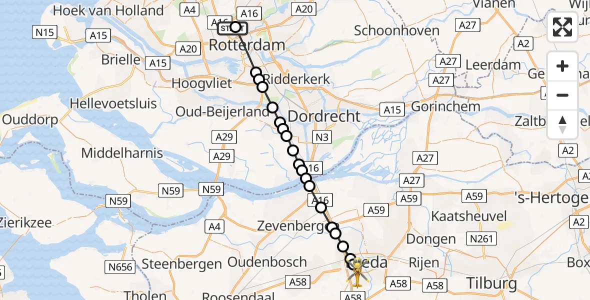 Vluchtroute Traumahelikopter van Rotterdam The Hague Airport naar Breda