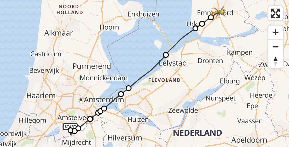 Vluchtroute Traumahelikopter van Amstelveen naar Emmeloord