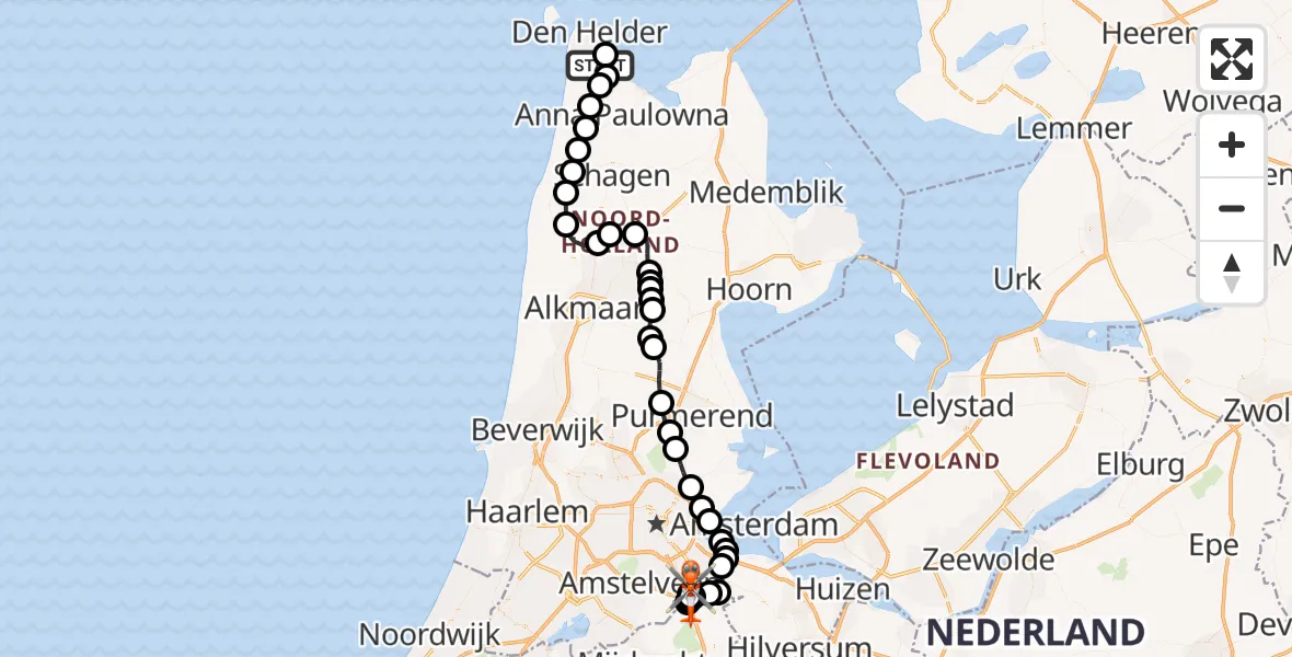 Vluchtroute Kustwachthelikopter van Militair vliegveld De Kooy / Den Helder Airport naar Amsterdam UMC Helipad