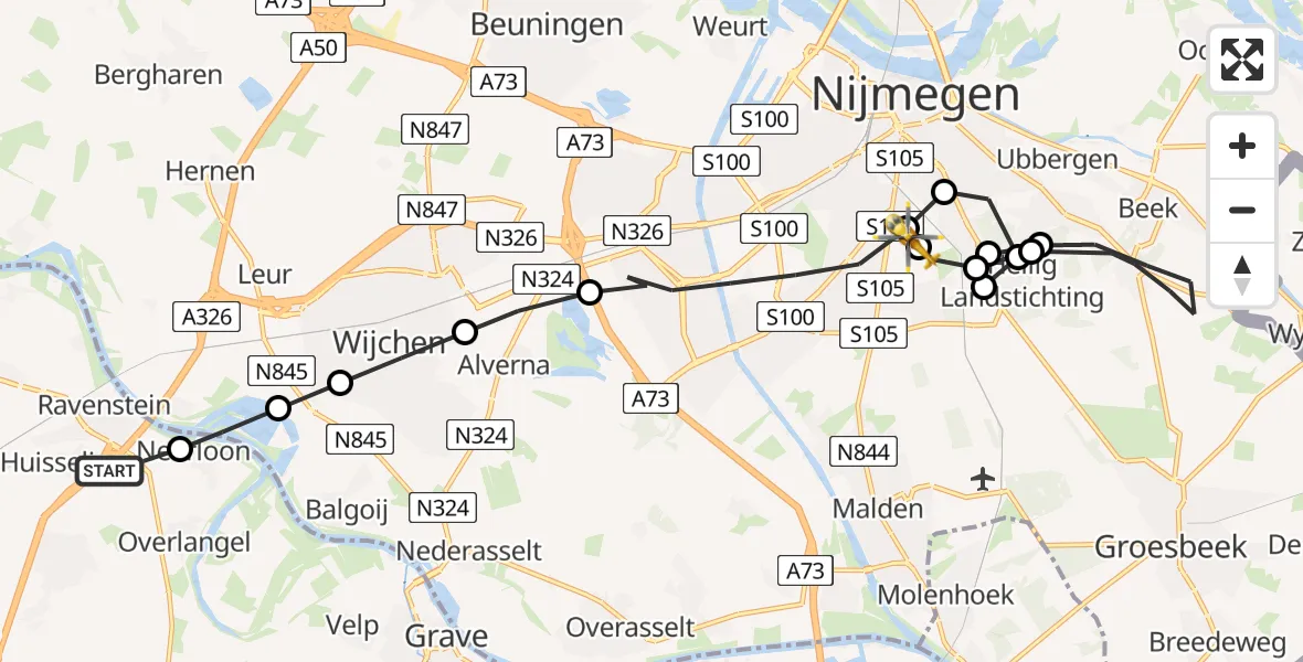 Vluchtroute Traumahelikopter van Ravenstein naar Radboud University Medical Center Heliport