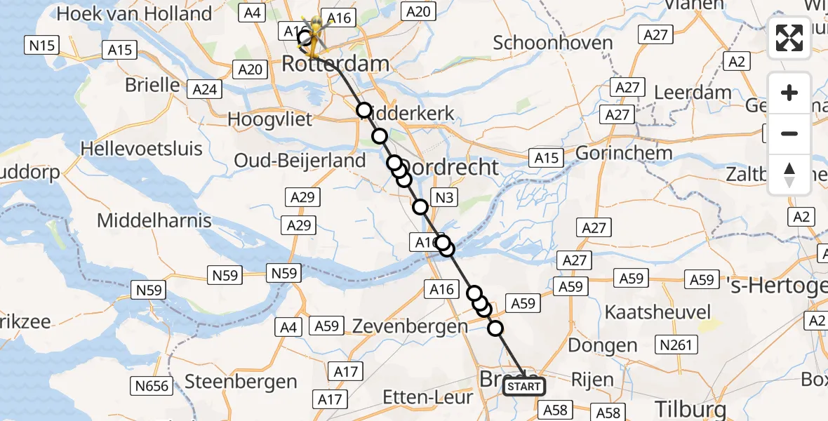 Vluchtroute Traumahelikopter van Breda naar Rotterdam The Hague Airport