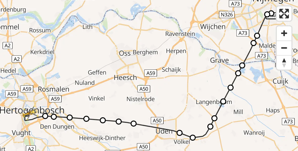 Vluchtroute Traumahelikopter van Radboud Universitair Medisch Centrum naar 's-Hertogenbosch