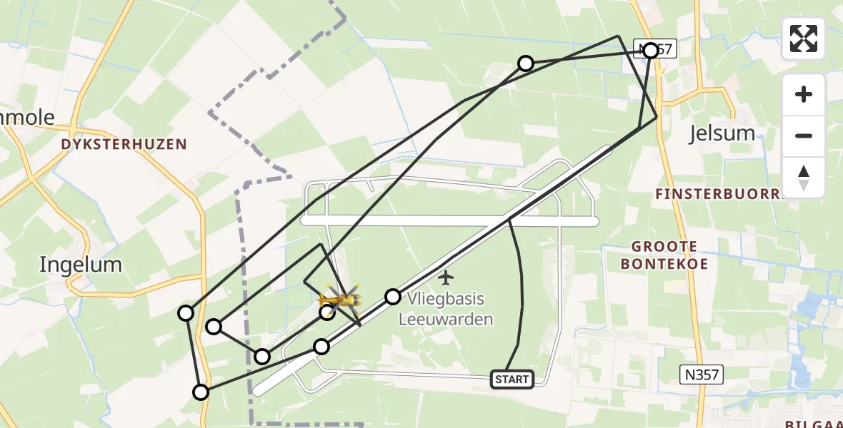 Vluchtroute Ambulancehelikopter van Vliegbasis Leeuwarden naar Vliegbasis Leeuwarden