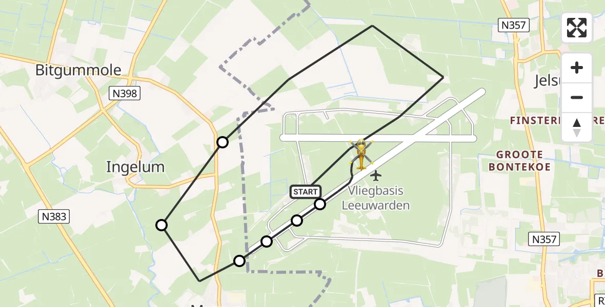 Vluchtroute Ambulancehelikopter van Vliegbasis Leeuwarden naar Vliegbasis Leeuwarden