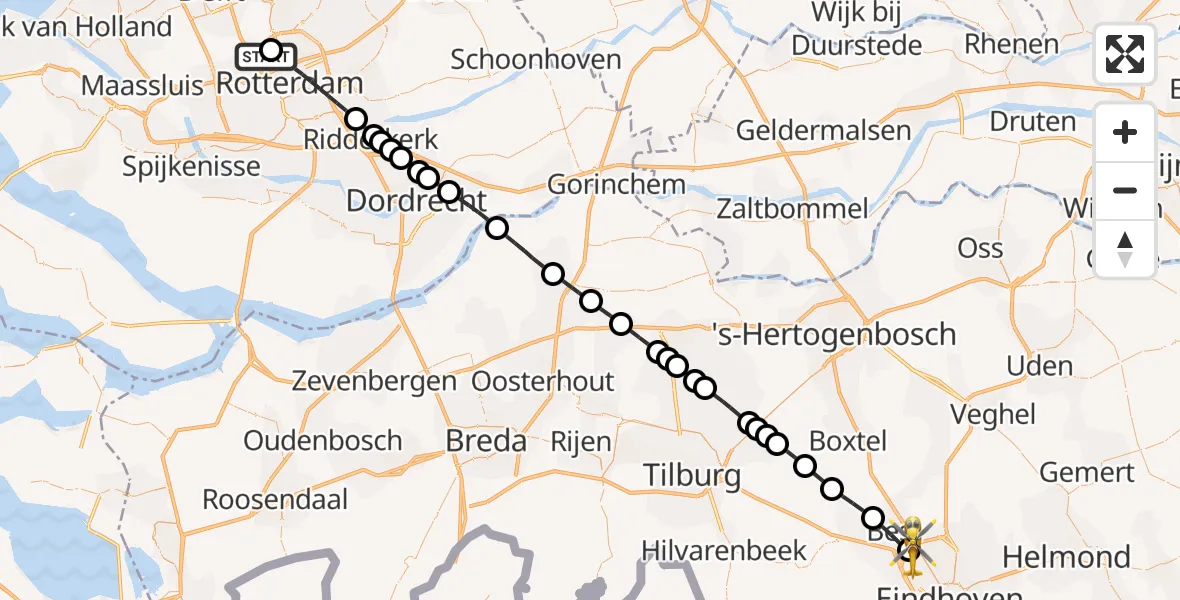 Vluchtroute Traumahelikopter van Rotterdam The Hague Airport naar Eindhoven