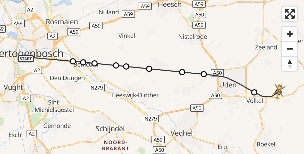 Vluchtroute Traumahelikopter van 's-Hertogenbosch naar Vliegbasis Volkel