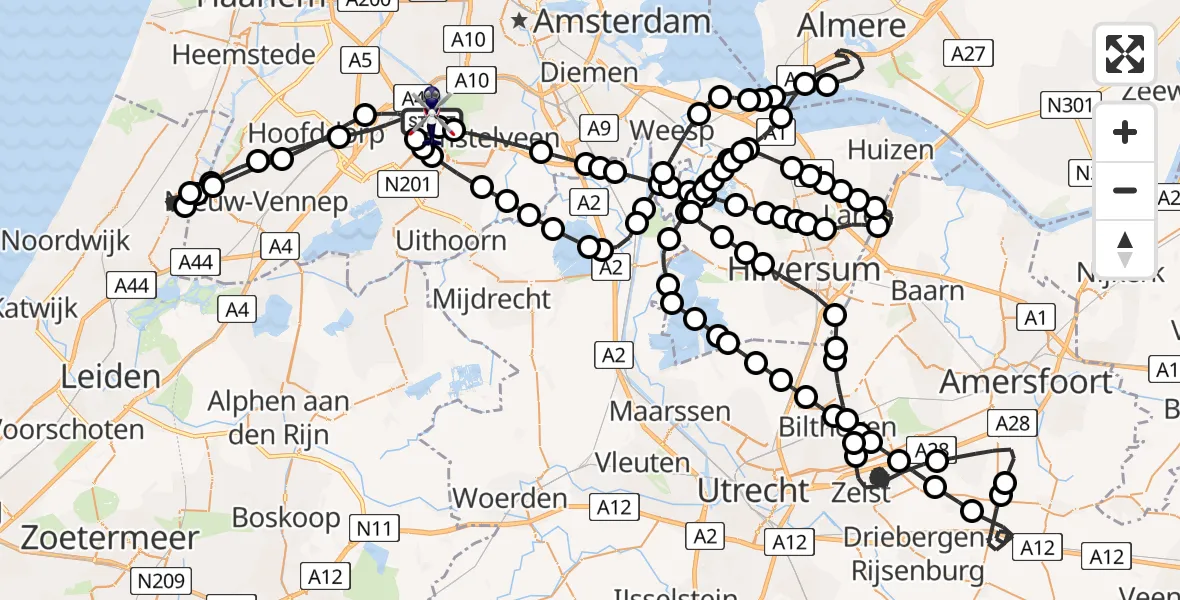 Vluchtroute Politiehelikopter van Amsterdam Vliegveld Schiphol naar Amsterdam Vliegveld Schiphol
