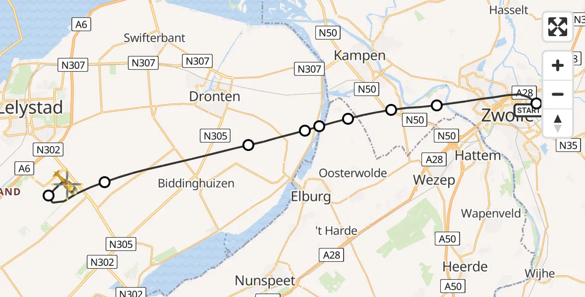 Vluchtroute Traumahelikopter van Isala Hospital Zwolle Heliport naar Lelystad Airport