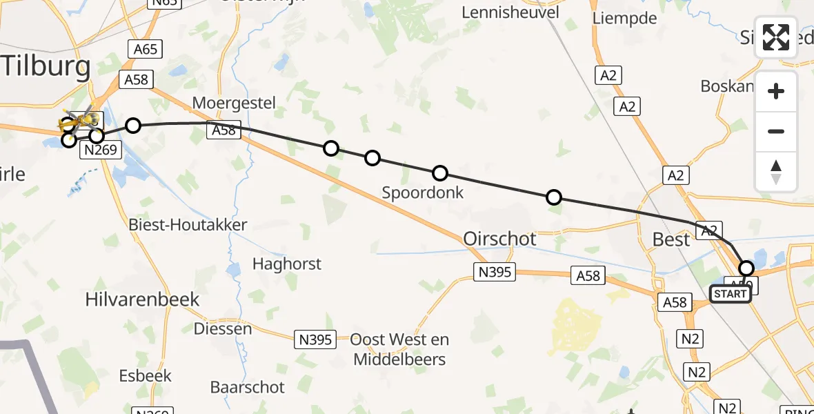 Vluchtroute Traumahelikopter van Eindhoven naar St. Elisabeth Hospital Heliport