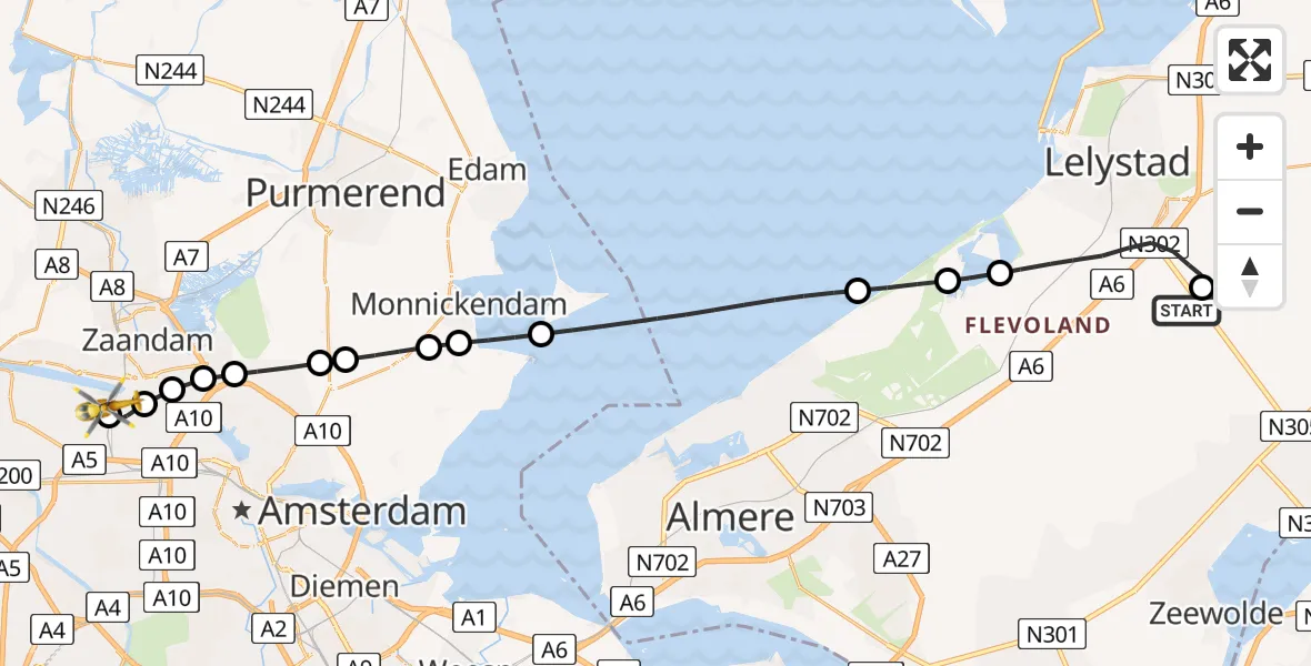 Vluchtroute Traumahelikopter van Lelystad Airport naar Amsterdam Heliport