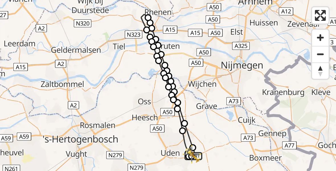 Vluchtroute Traumahelikopter van Vliegbasis Volkel naar Vliegbasis Volkel