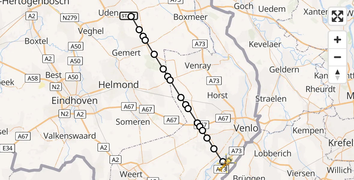 Vluchtroute Traumahelikopter van Vliegbasis Volkel naar Reuver