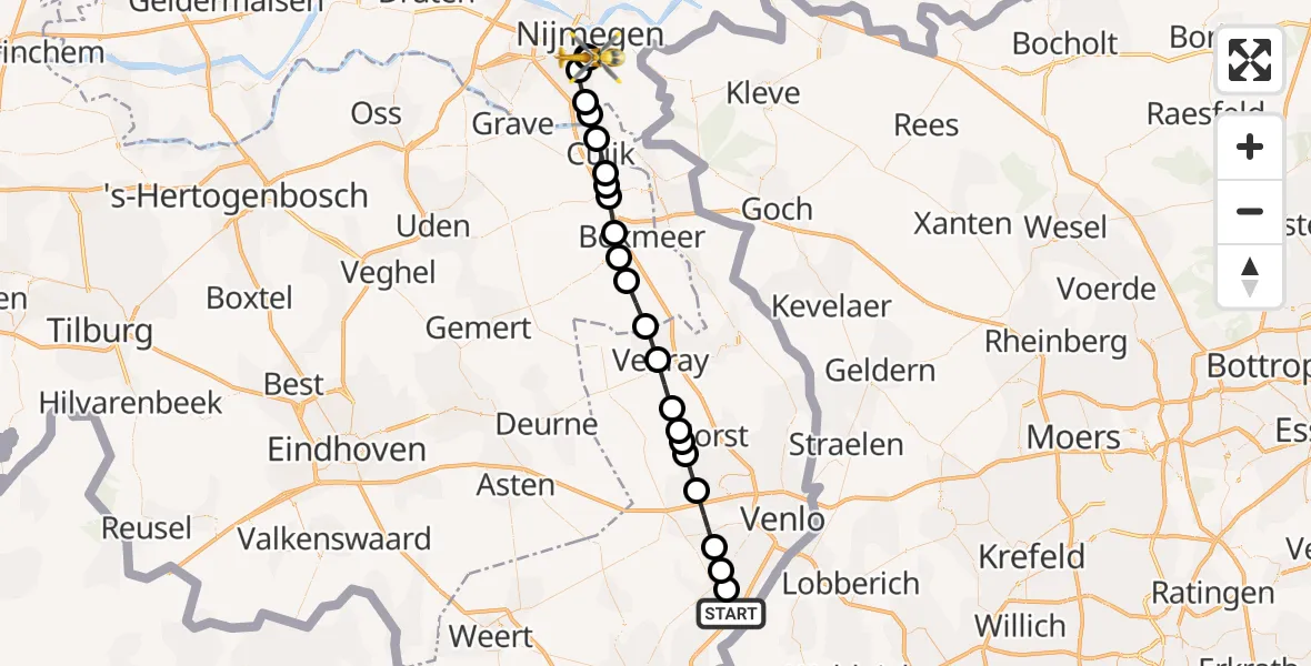 Vluchtroute Traumahelikopter van Reuver naar Radboud University Medical Center Heliport