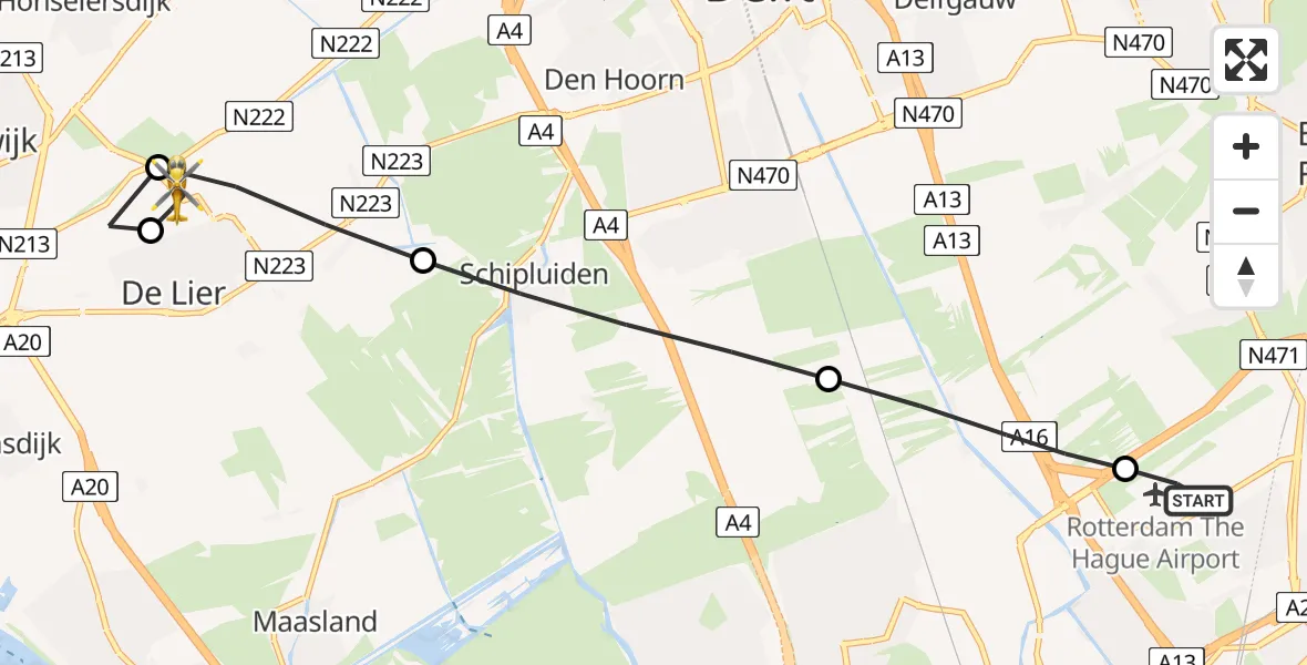 Vluchtroute Traumahelikopter van Rotterdam The Hague Airport naar De Lier