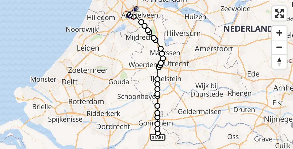 Vluchtroute Politiehelikopter van Almkerk naar Amsterdam Vliegveld Schiphol