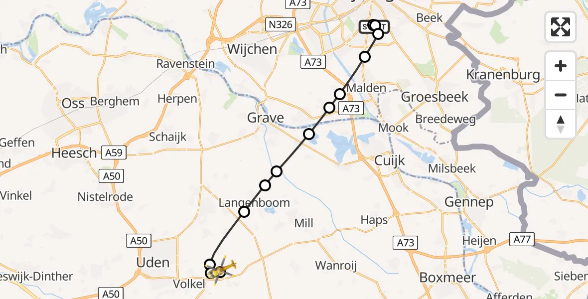 Vluchtroute Traumahelikopter van Radboud Universitair Medisch Centrum naar Vliegbasis Volkel