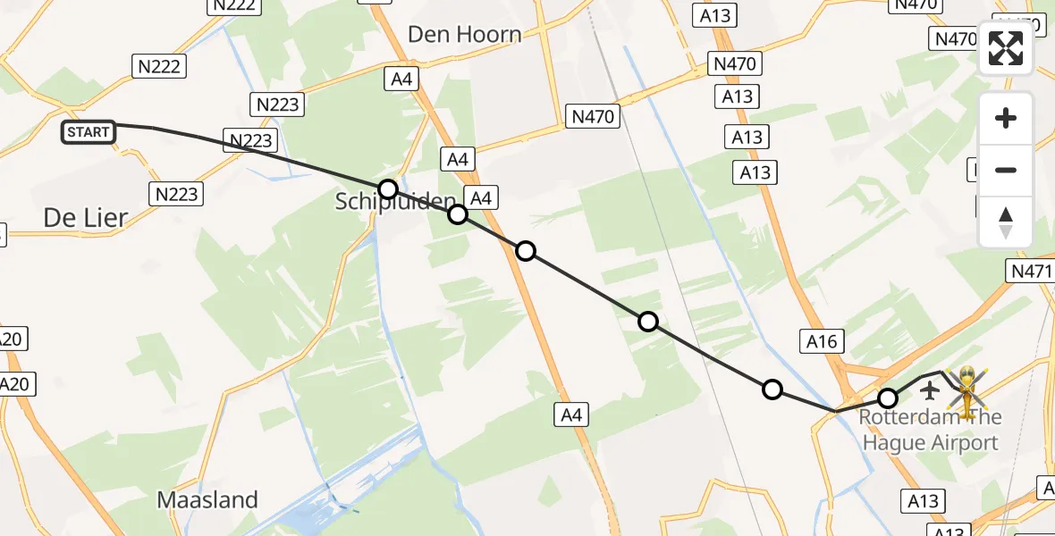 Vluchtroute Traumahelikopter van De Lier naar Rotterdam The Hague Airport