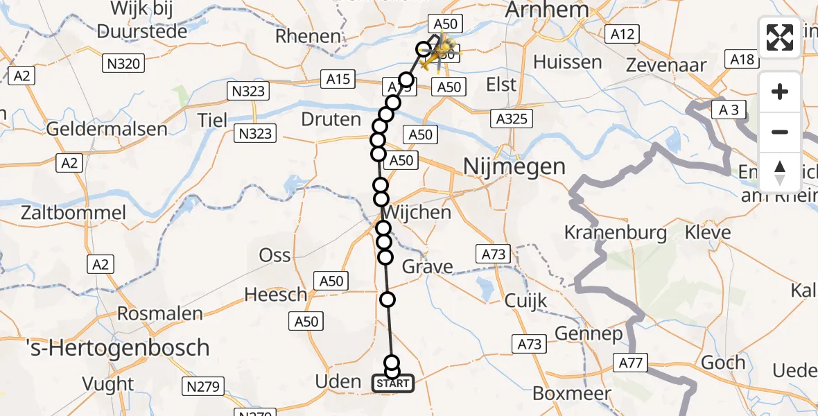 Vluchtroute Traumahelikopter van Vliegbasis Volkel naar Heteren
