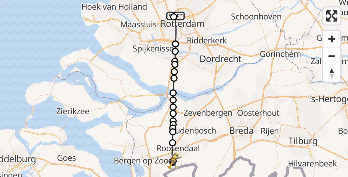 Vluchtroute Traumahelikopter van Rotterdam The Hague Airport naar Roosendaal