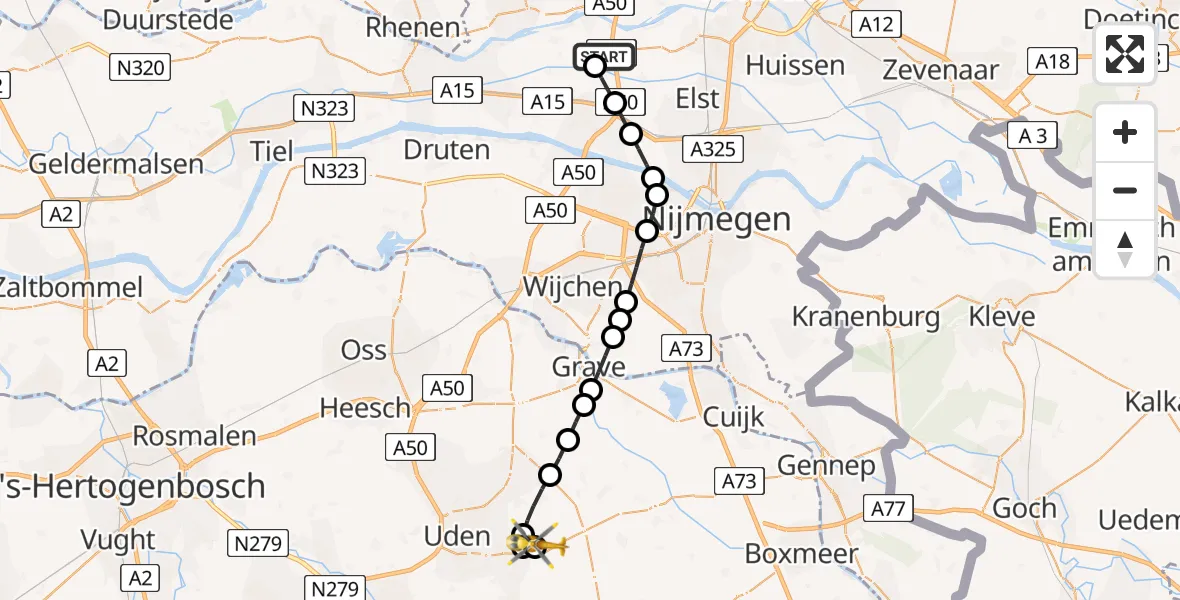 Vluchtroute Traumahelikopter van Heteren naar Vliegbasis Volkel