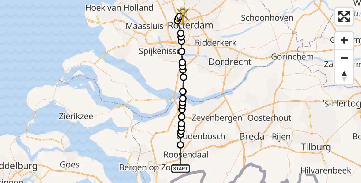 Vluchtroute Traumahelikopter van Roosendaal naar Rotterdam The Hague Airport