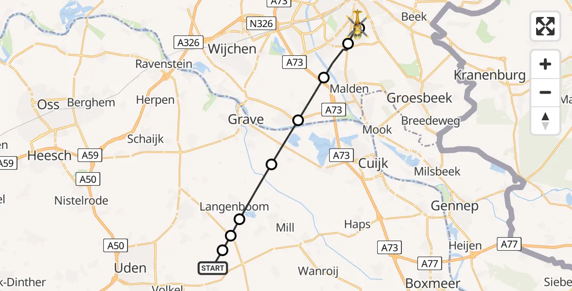 Vluchtroute Traumahelikopter van Vliegbasis Volkel naar Radboud University Medical Center Heliport