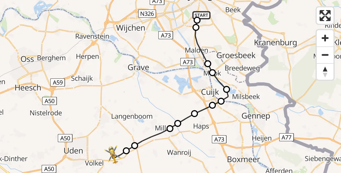 Vluchtroute Traumahelikopter van Radboud Universitair Medisch Centrum naar Vliegbasis Volkel