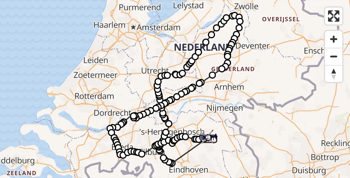 Vluchtroute Politiehelikopter van Vliegbasis Volkel naar Vliegbasis Volkel
