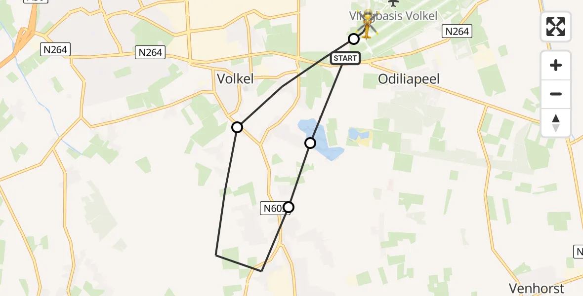 Vluchtroute Traumahelikopter van Vliegbasis Volkel naar Vliegbasis Volkel