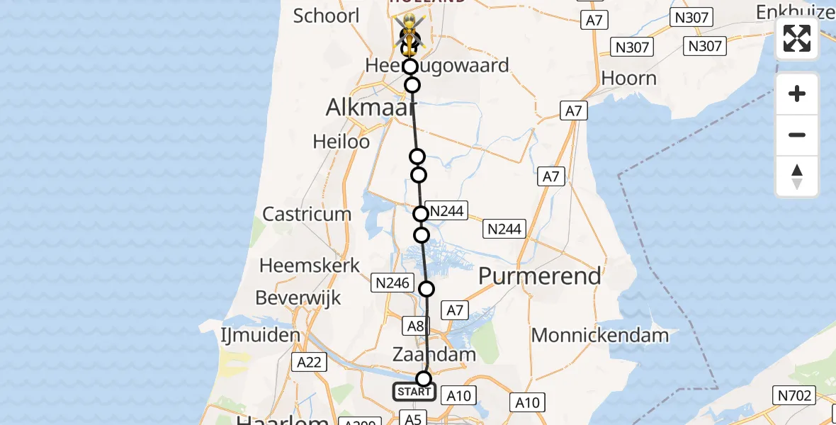 Vluchtroute Traumahelikopter van Amsterdam Heliport naar Zuid-Scharwoude
