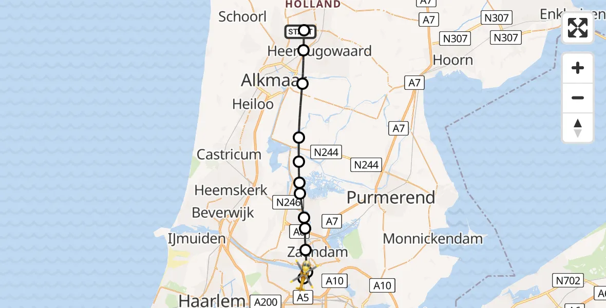 Vluchtroute Traumahelikopter van Zuid-Scharwoude naar Amsterdam Heliport