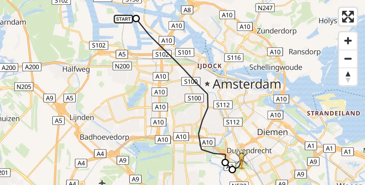 Vluchtroute Traumahelikopter van Amsterdam Heliport naar Amsterdam-Duivendrecht