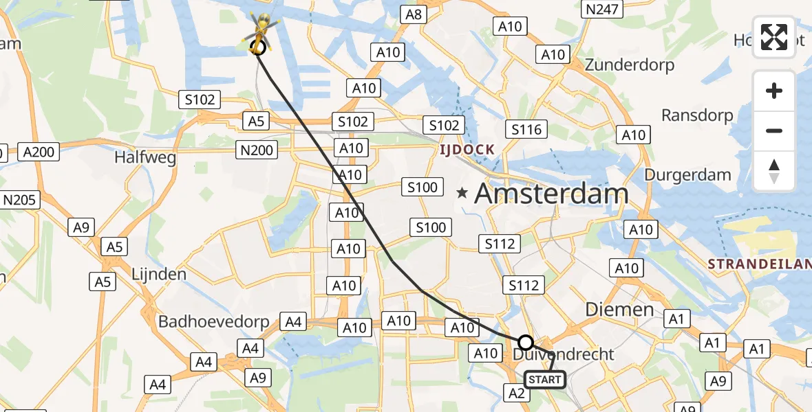 Vluchtroute Traumahelikopter van Amsterdam-Duivendrecht naar Amsterdam Heliport