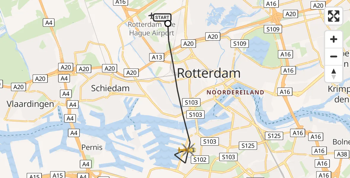 Vluchtroute Traumahelikopter van Rotterdam The Hague Airport naar Rotterdam