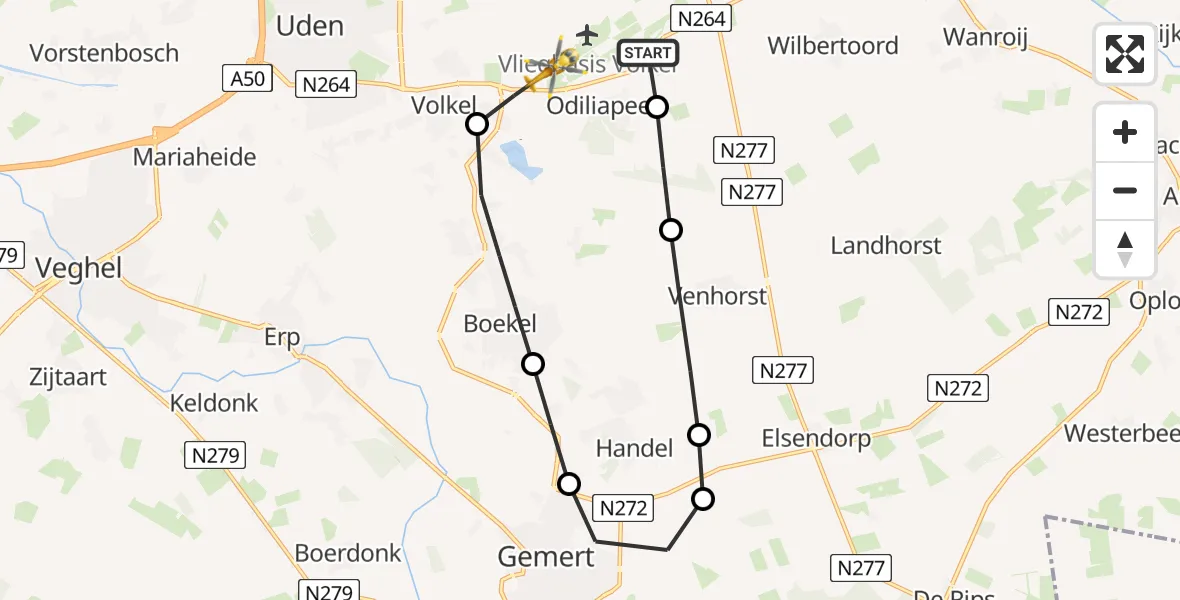 Vluchtroute Traumahelikopter van Vliegbasis Volkel naar Vliegbasis Volkel