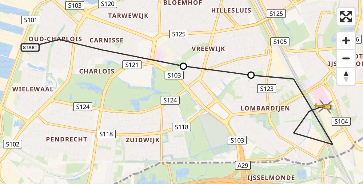 Vluchtroute Traumahelikopter van Rotterdam naar Rotterdam