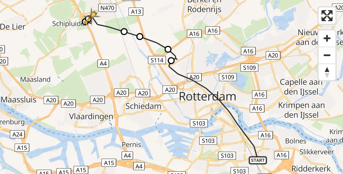 Vluchtroute Traumahelikopter van Rotterdam naar Delft