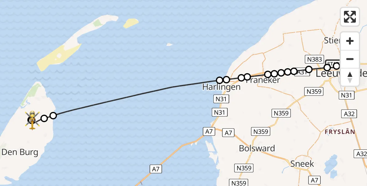 Vluchtroute Ambulancehelikopter van Vliegbasis Leeuwarden naar De Cocksdorp
