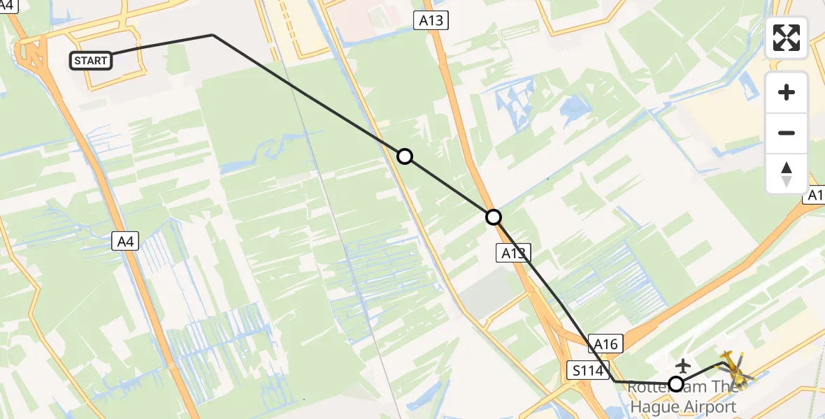Vluchtroute Traumahelikopter van Delft naar Rotterdam The Hague Airport