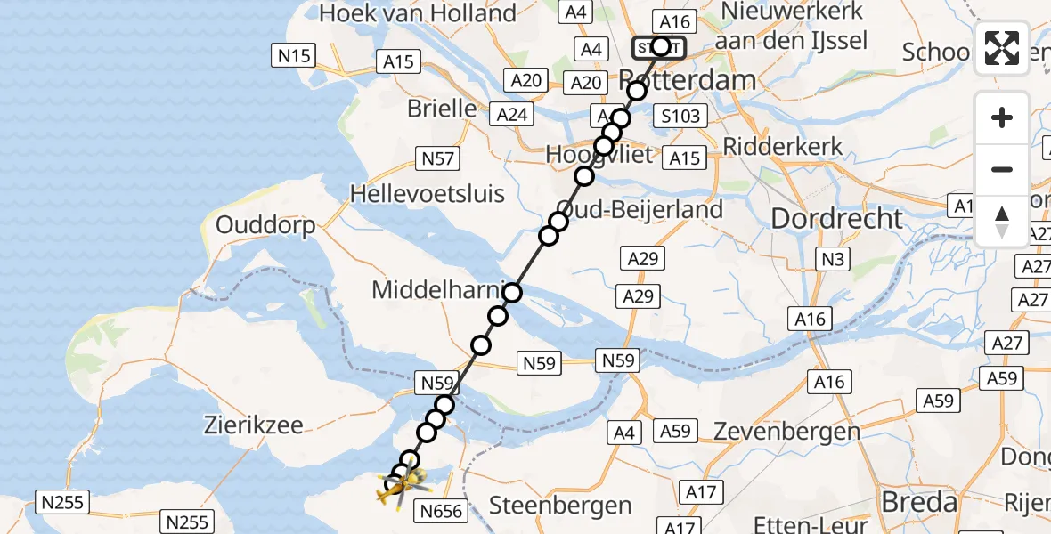 Vluchtroute Traumahelikopter van Rotterdam The Hague Airport naar Sint-Annaland