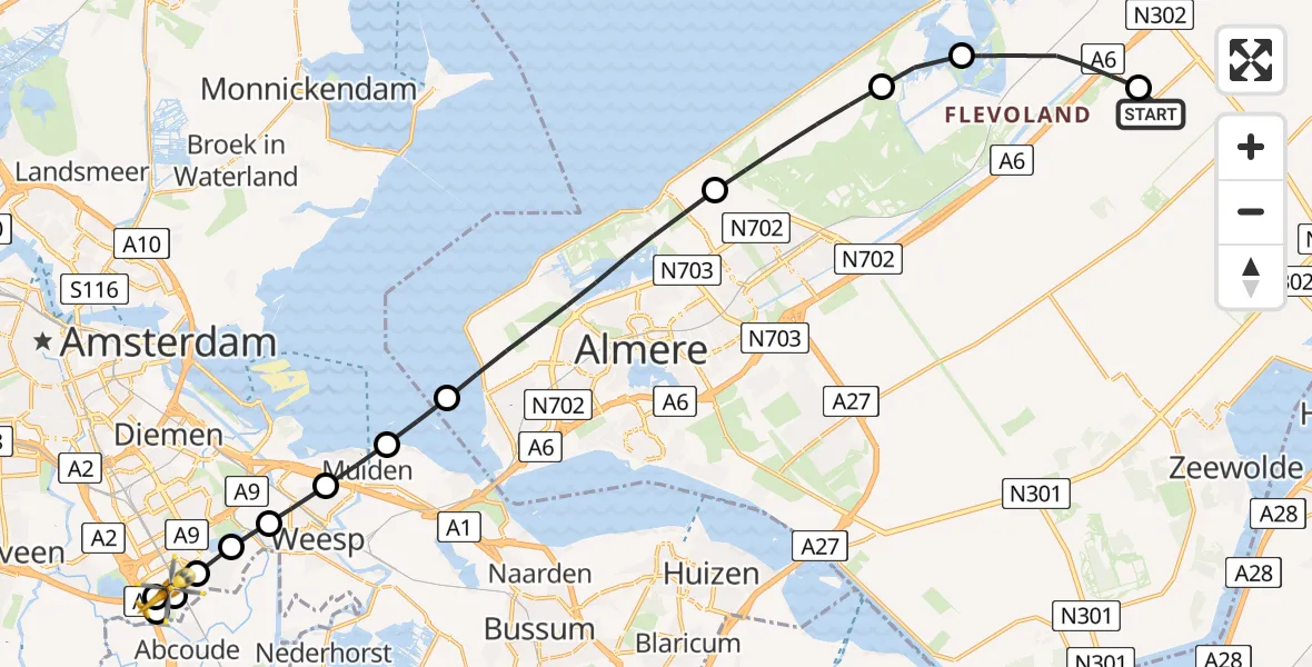 Vluchtroute Traumahelikopter van Lelystad Airport naar Amsterdam UMC Helipad